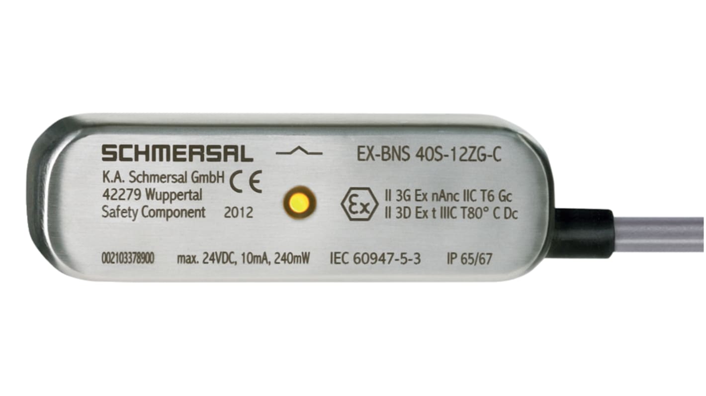 Schmersal EX-BNS 40S Series Flush Magnetic Non-Contact Safety Switch, Stainless Steel Housing, NO/2NC, 10m Cable