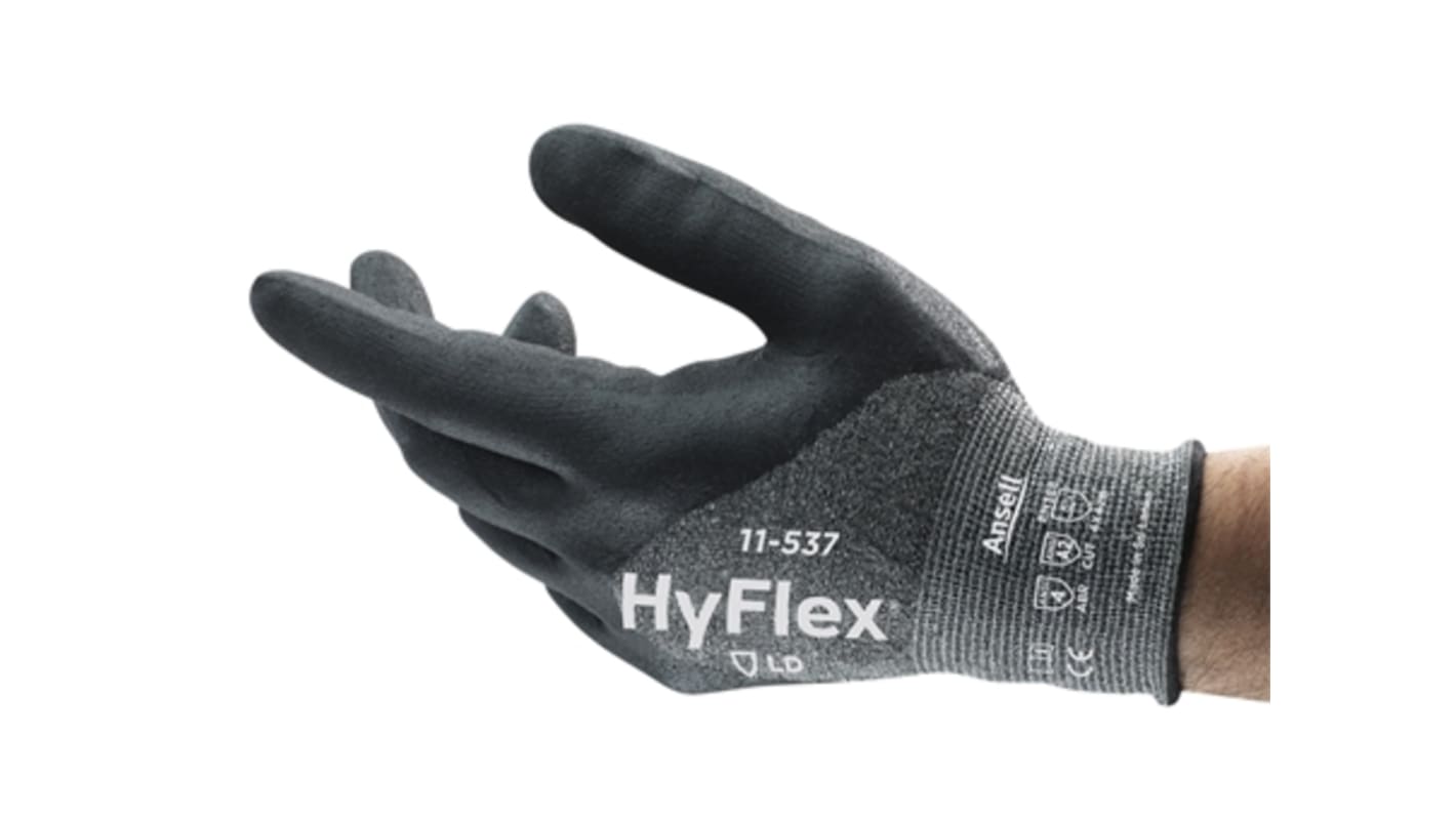 Guantes de trabajo de Fibra de vidrio, HPPE, Nylon, Spandex (forro) Negro Ansell serie HYFLEX 11-537, talla 6, con