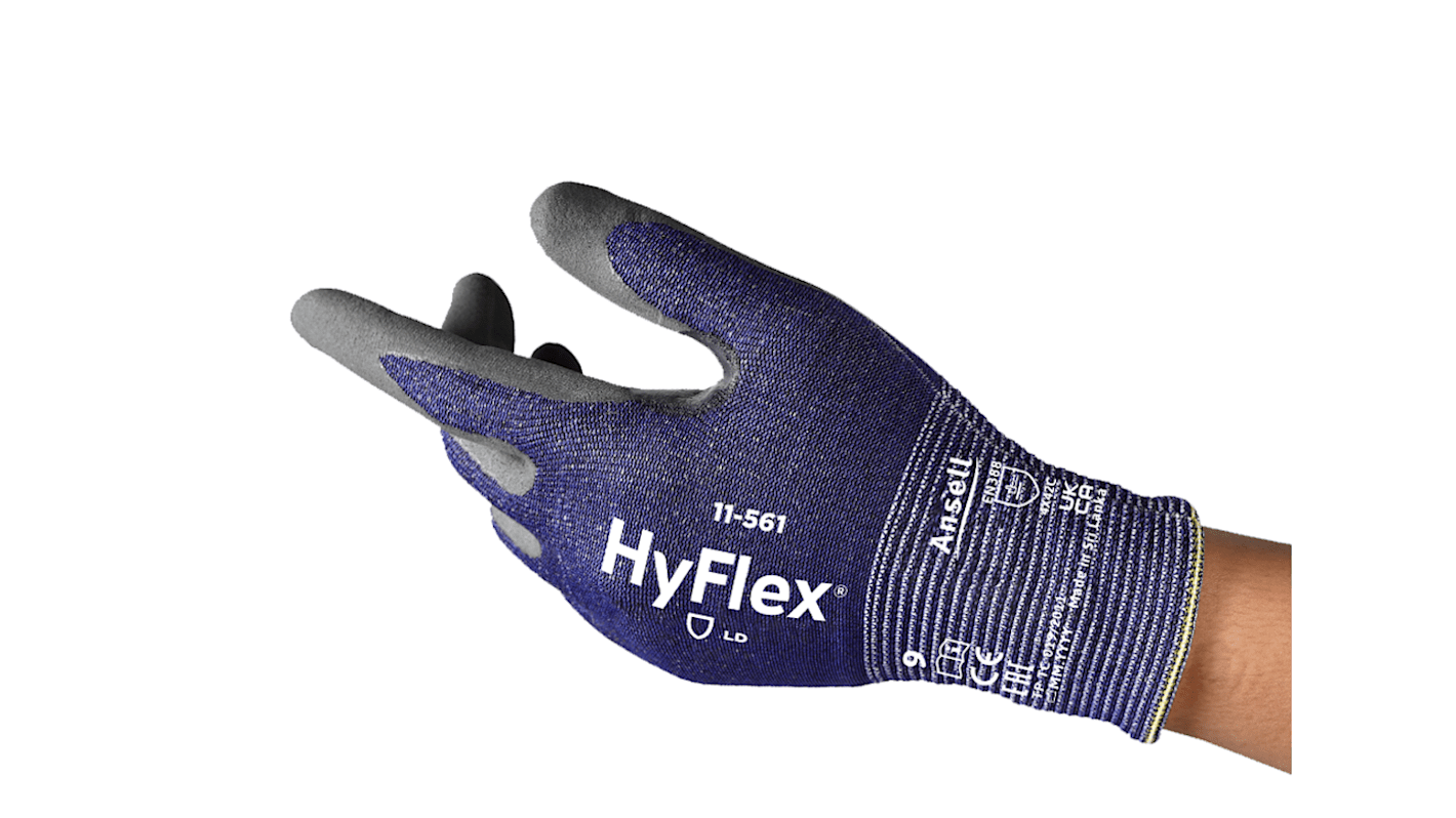 Ansell HYFLEX 11-561 Grey Glass Fiber, HPPE, Nylon, Spandex (Liner) Cut Resistant Work Gloves, Size 6, XS, Nitrile