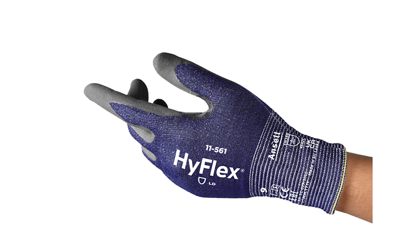 Ansell HYFLEX 11-561 Grey Glass Fiber, HPPE, Nylon, Spandex (Liner) Cut Resistant Work Gloves, Size 7, Small, Nitrile