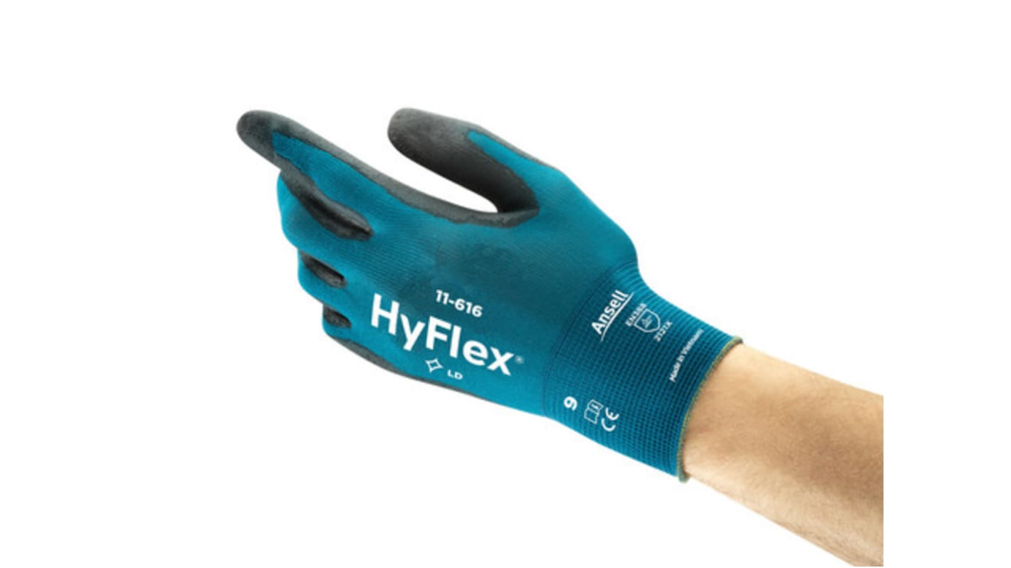 Ansell HYFLEX 11-616 Black Nylon Abrasion Resistant Work Gloves, Size 9, Large, Polyurethane Coating