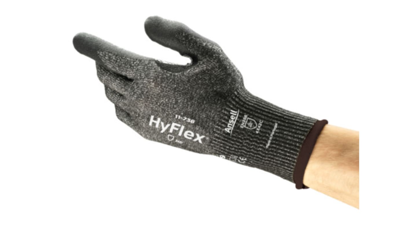 Guantes de trabajo de Fibra de vidrio, HPPE, Poliéster, Lycra Negro Ansell serie HYFLEX 11-738, talla 9, con