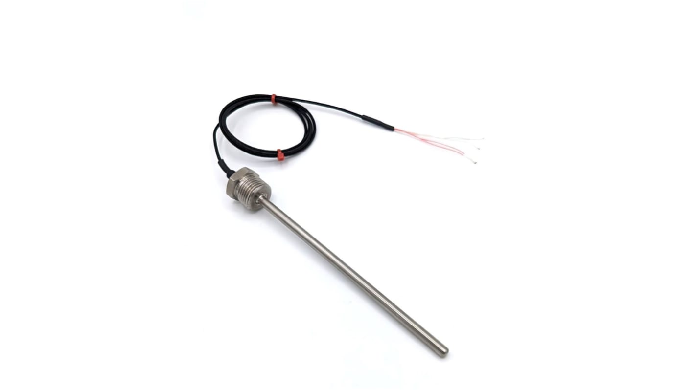 Sensor RTD PT100 RS PRO de 4 hilos, sonda: Ø 6mm, long. 150mm, cable de 1m, temp. -75°C → +250°C