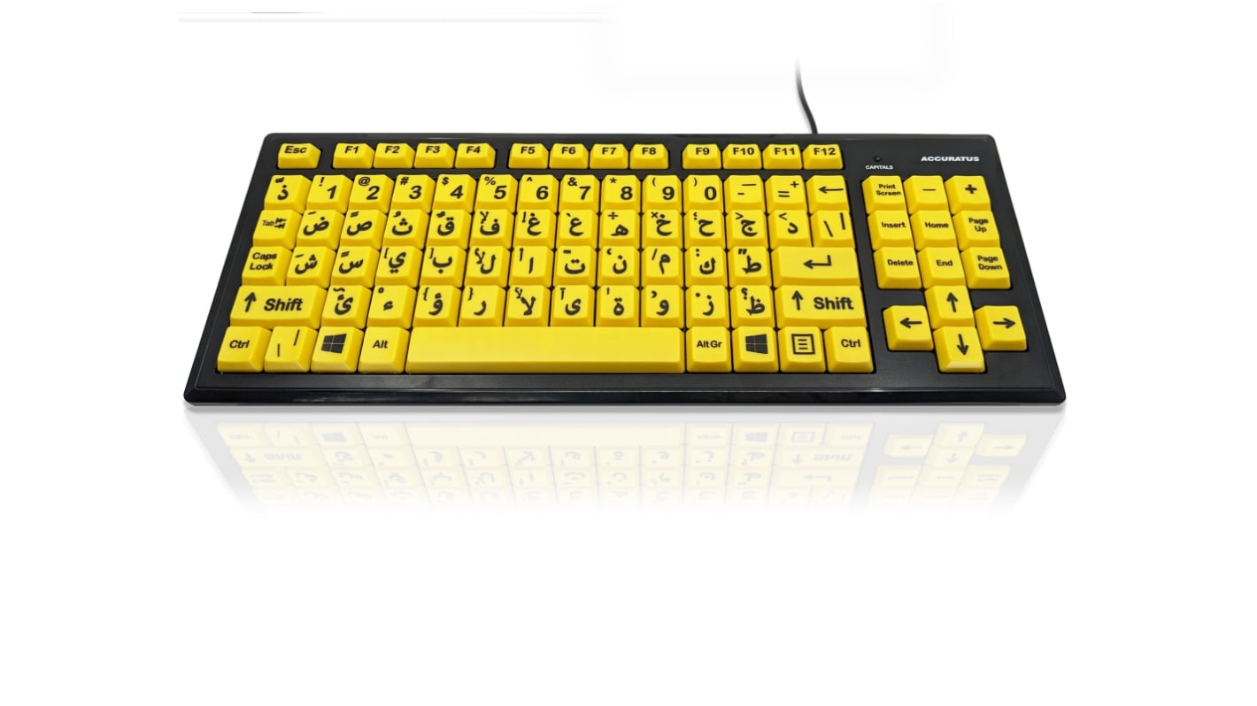 Ceratech KYB-MON2VIS-UCAR Wired USB Vision Impairment Keyboard, QWERTY (Arabic), Yellow