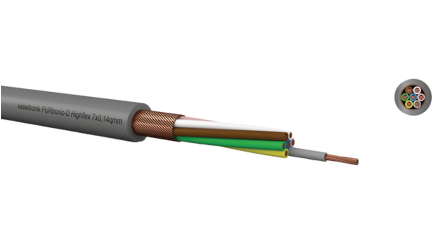 Cable de par trenzado apantallado Control Kabeltronik de 10 conductores, 0,14 mm², 26 AWG, long. 100m Gris