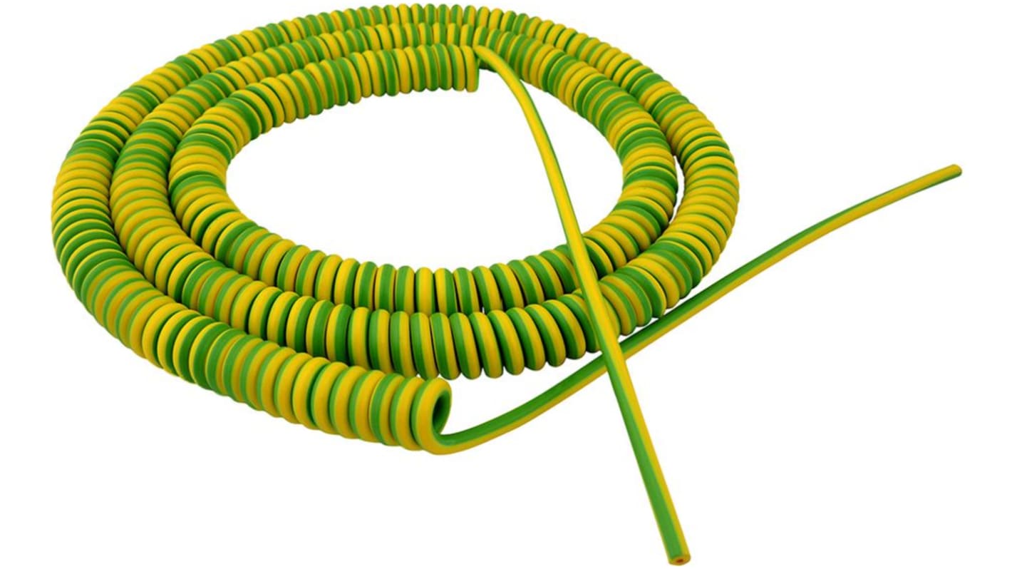 Cable de alimentación en espiral The Best Solution de 1 núcleo, 10 mm², long. 1.5m, funda de PUR, Verde/Amarillo