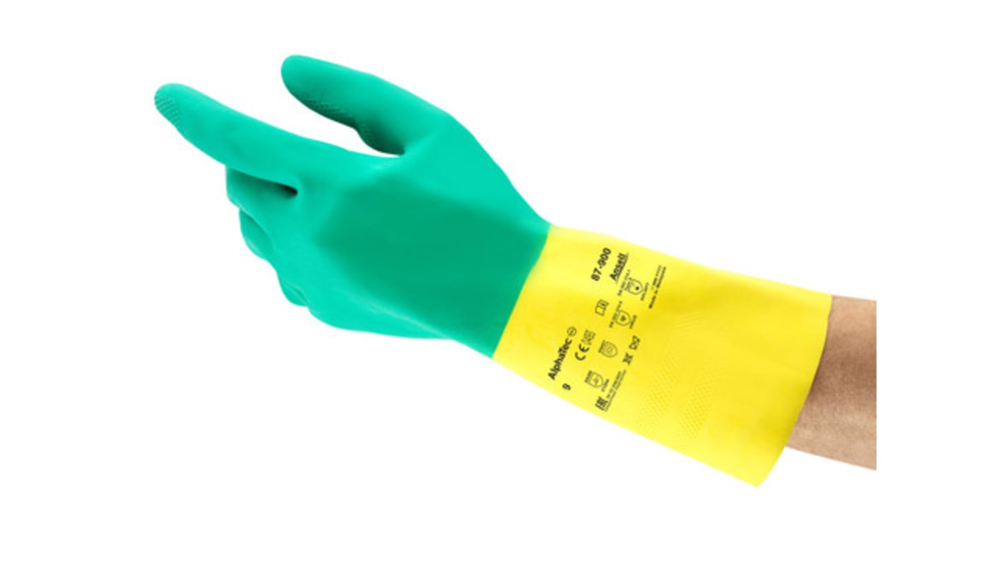 Guantes de Algodón Verde, amarillo Ansell serie AlphaTec 87-900, talla 10, con recubrimiento de Látex, Goma natural,