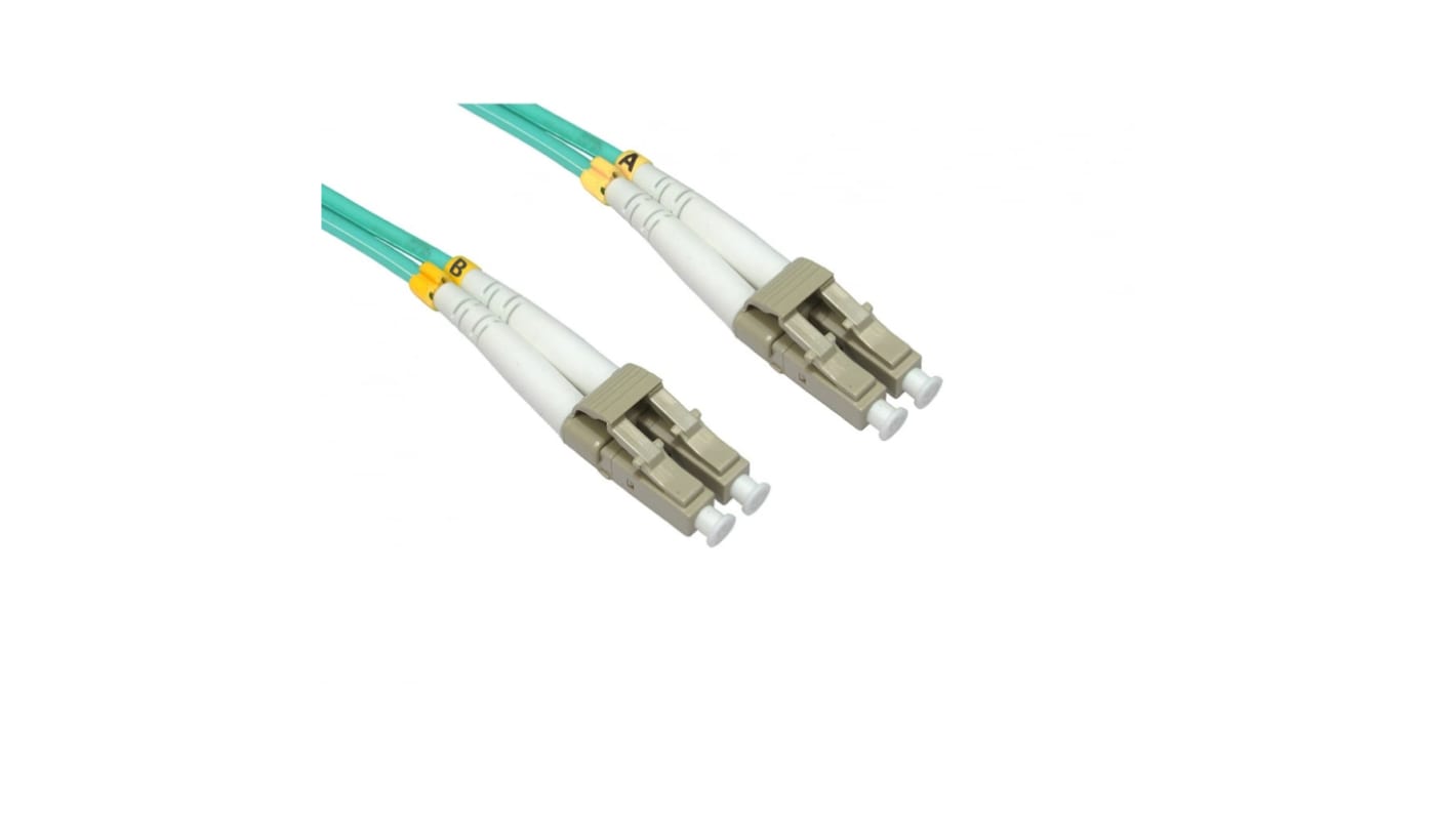 RS PRO LC to LC Duplex Multi Mode OM4 Fibre Optic Cable, 3mm, Light Blue, 15m