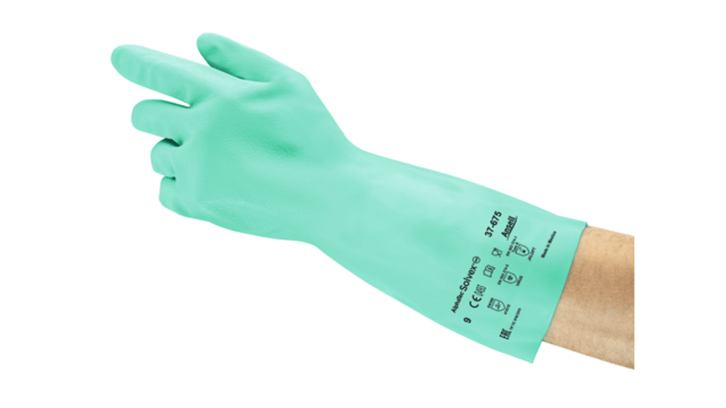 Ansell AlphaTec Solvex 37-675 Green Cotton Chemical Resistant Work Gloves, Size 8, Medium, Nitrile Coating