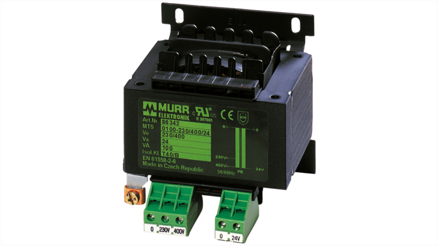 Bezpečnostní transformátor 100VA, primární napětí: 400V ac, sekundární napětí: 24V ac, počet výstupů: 1, Montáž na