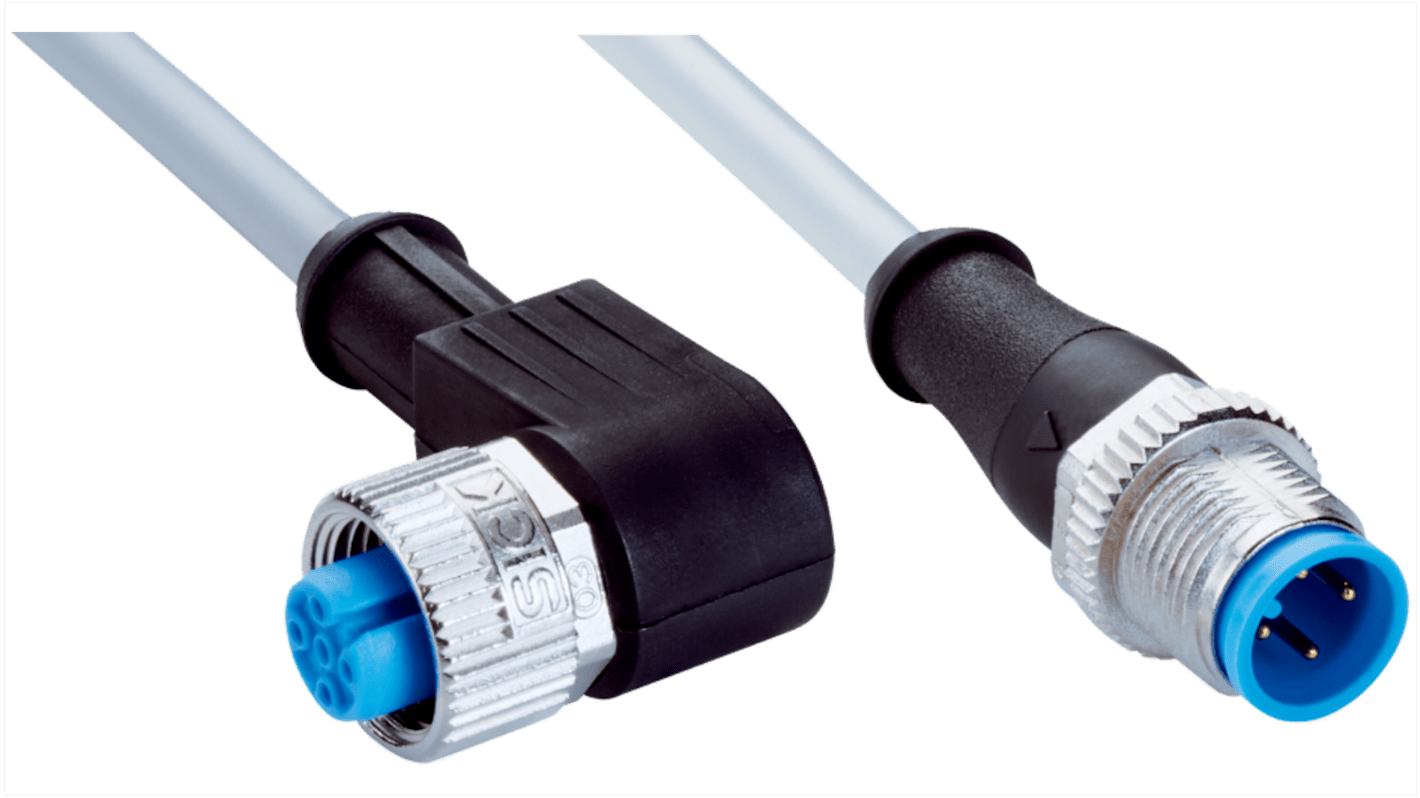 Sick Right Angle Female 4 way M12 to Straight Male 4 way M12 Connector & Cable, 600mm