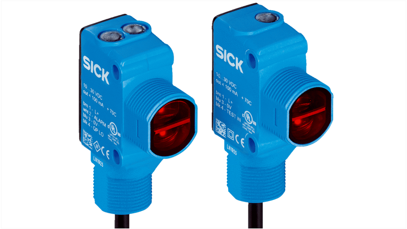 Fotocélula rectangular Sick Haz pasante, alcance 25 m, salida PNP, Conector macho de 4 contactos M12, IP67