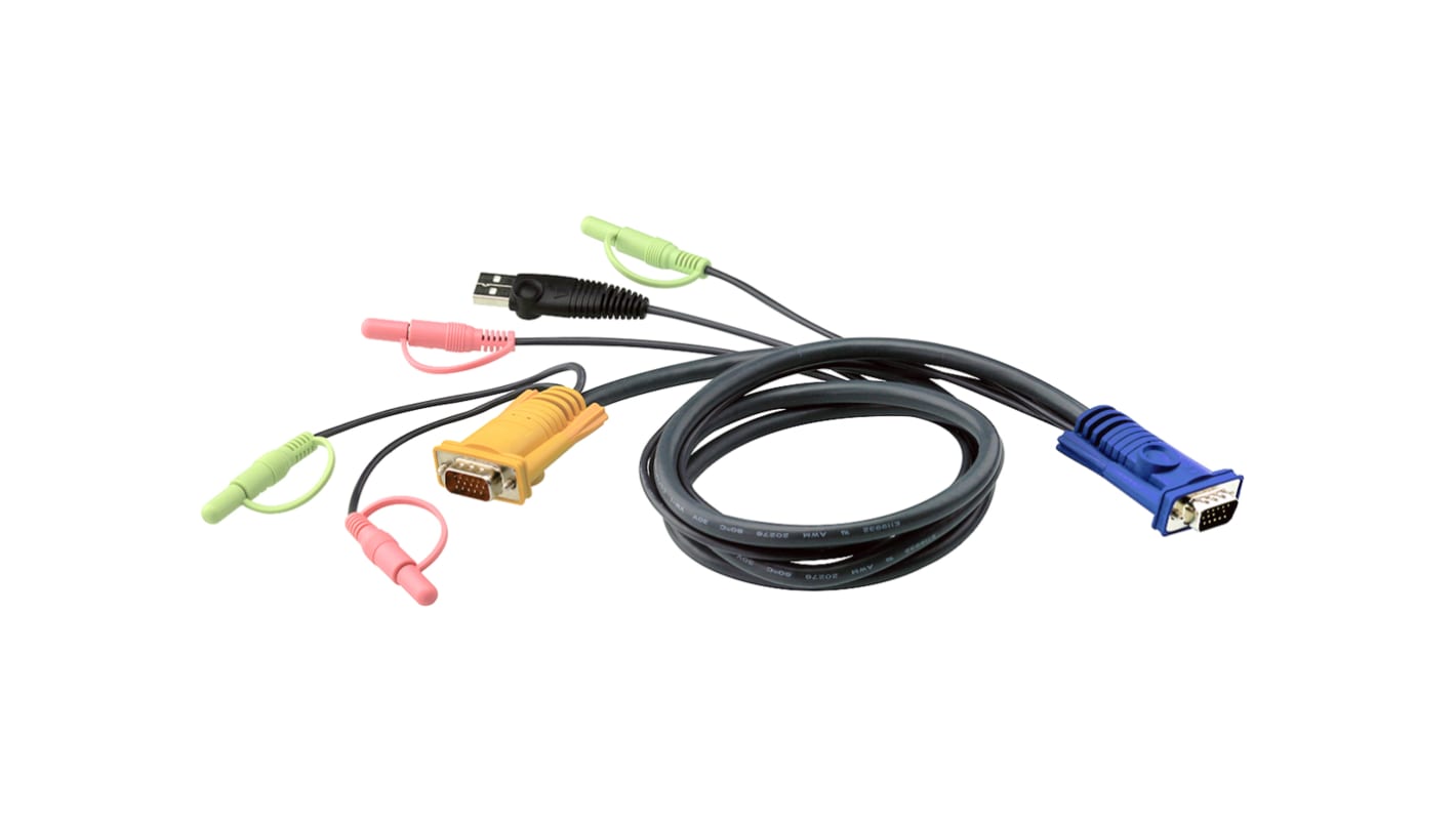 Cable KVM Negro Aten, con. A: Conector jack estéreo de 3.5 mm, USB A, VGA Macho, con. B: Conector jack estéreo de 3.5