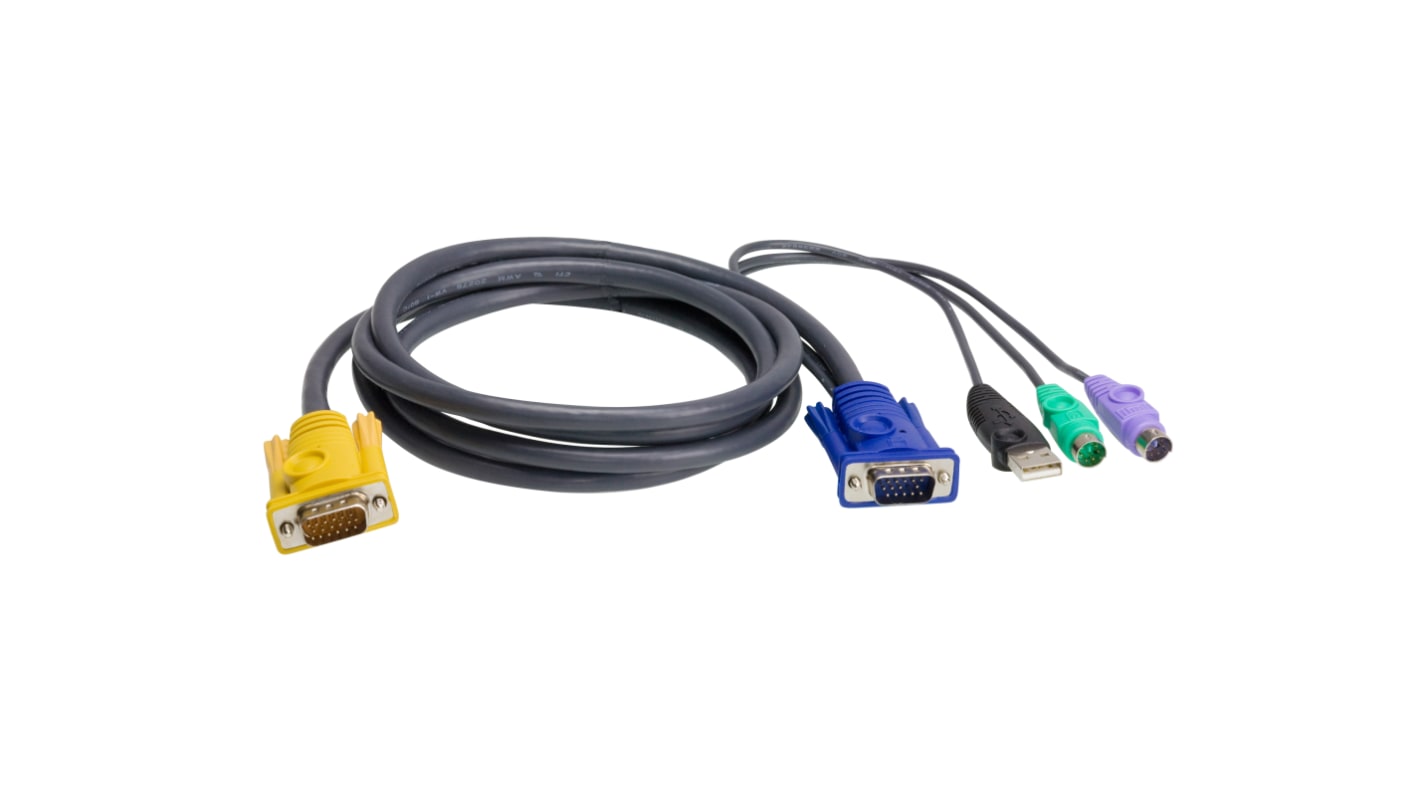 Kabel KVM, 6-stykowy Mini-DIN, USB A, VGA - SPHD, kolor: Czarny, Aten