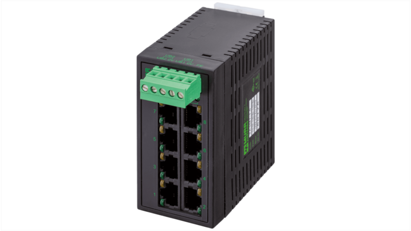 58 Series DIN Rail Mount Network Hub, 8 RJ45 Ports, 1000Mbit/s Transmission, 9 → 30V dc