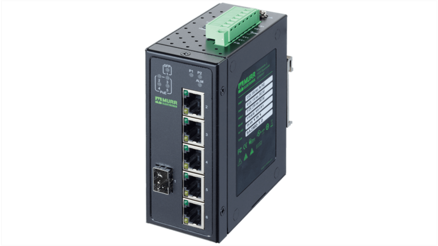 58 Series DIN Rail Mount Network Hub, 6 RJ45 Ports, 1000Mbit/s Transmission, 48V