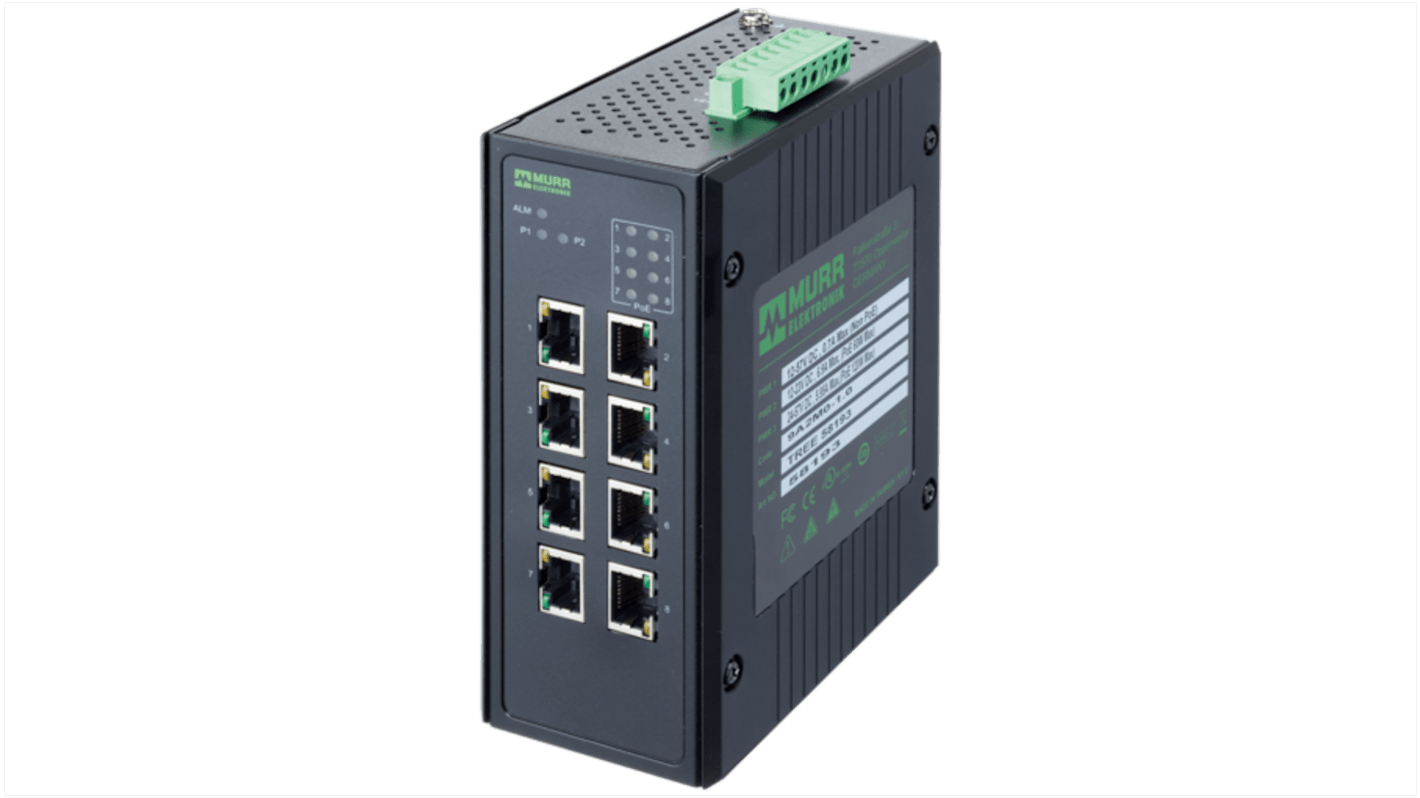 58 Series DIN Rail Mount Network Hub, 8 RJ45 Ports, 1000Mbit/s Transmission, 24V dc