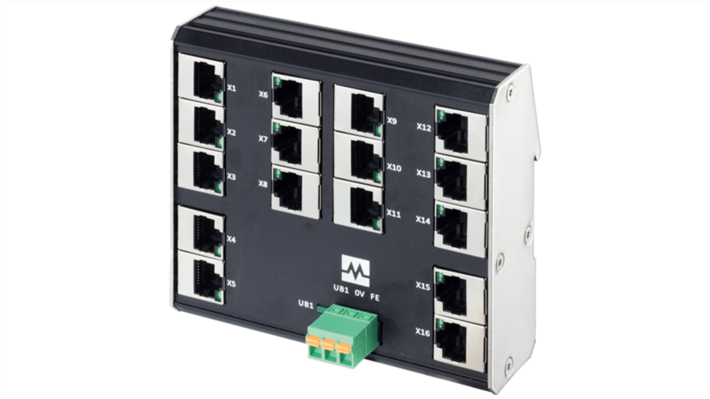 58 Series DIN Rail Mount Network Hub, 16 RJ45 Ports, 100Mbit/s Transmission, 9 → 36V dc