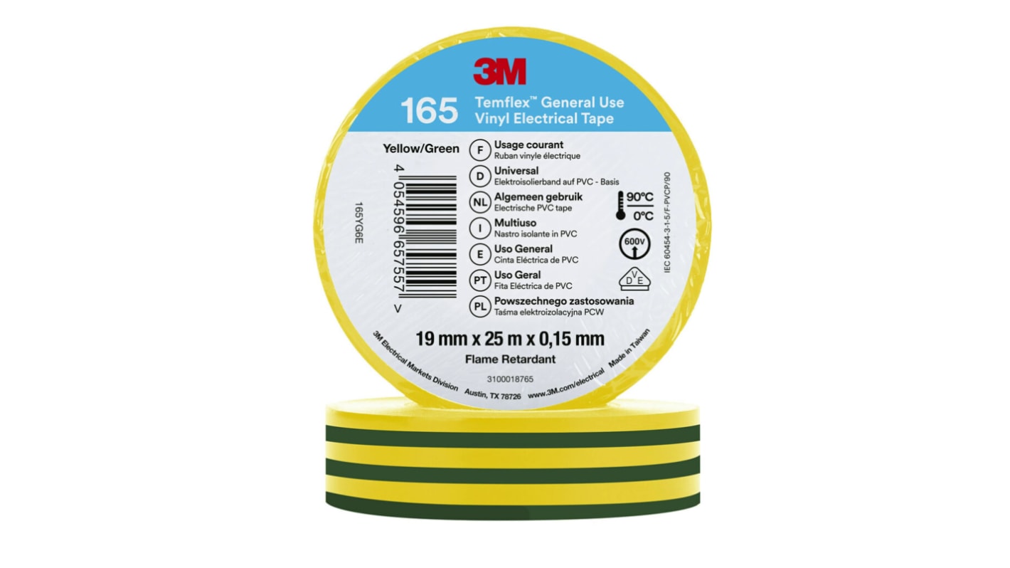 3M Temflex Isolierband, PVC Gelb, 0.15mm x 19mm x 25m