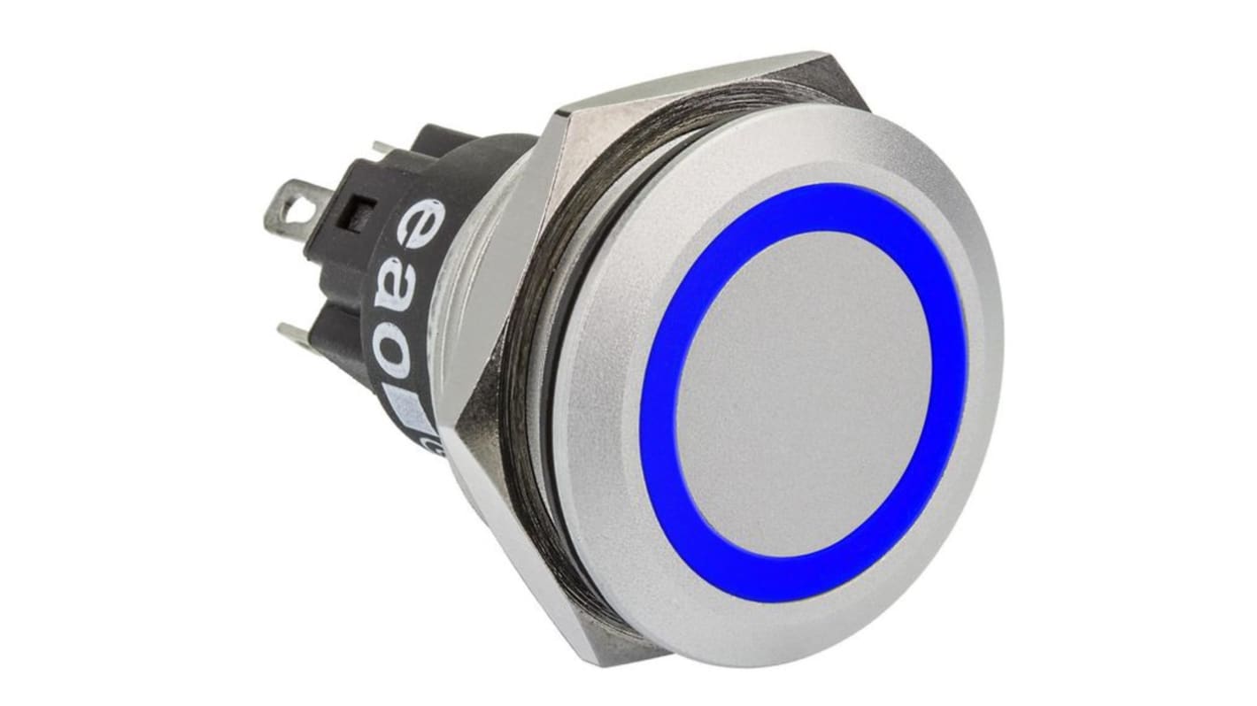 EAO 82 Series Illuminated Push Button Switch, Momentary, Panel Mount, 22mm Cutout, 1CO, Blue LED, 24V, IP67