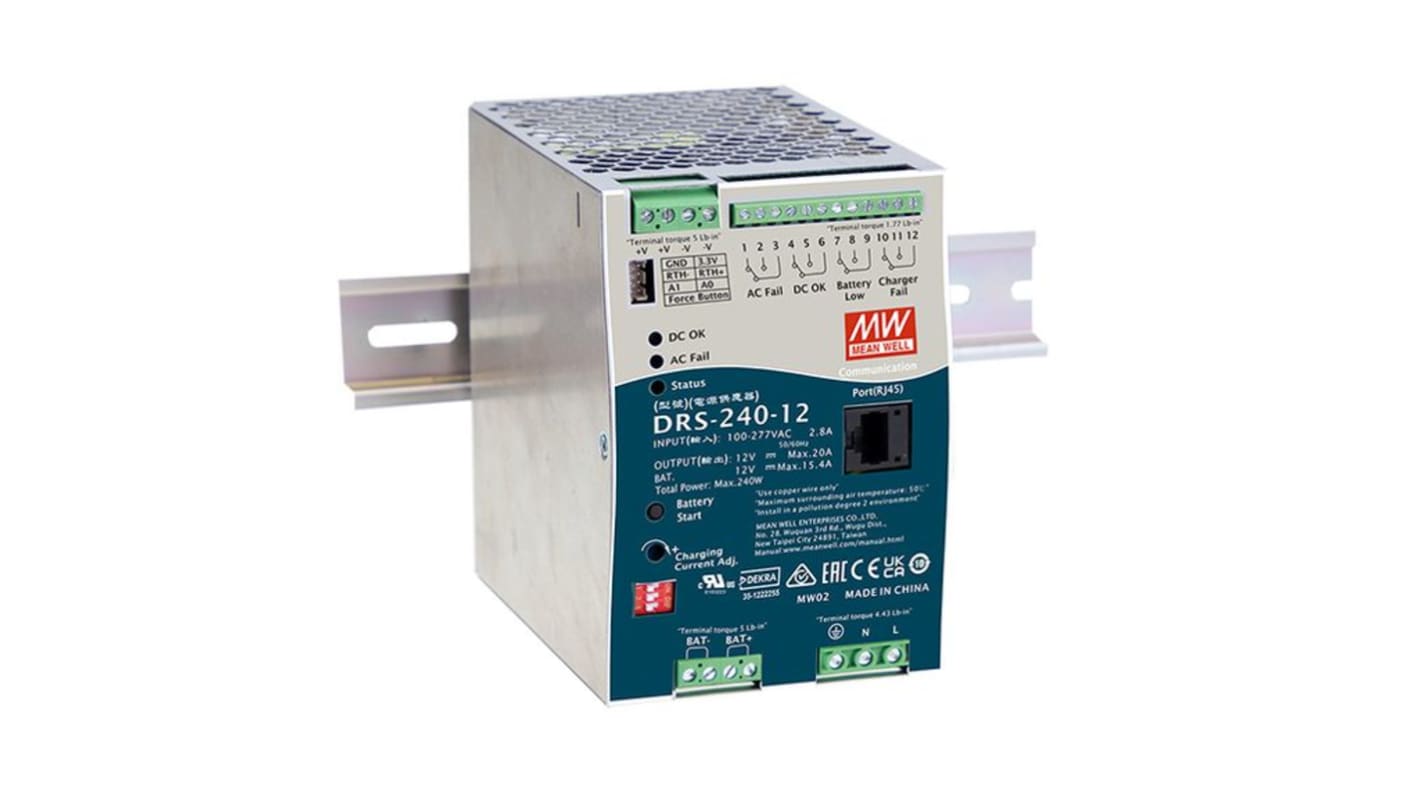 MEAN WELL DRS Switched Mode DIN Rail Power Supply, 305V ac Input, 1.12V dc Output, 1.2A Output, 240W