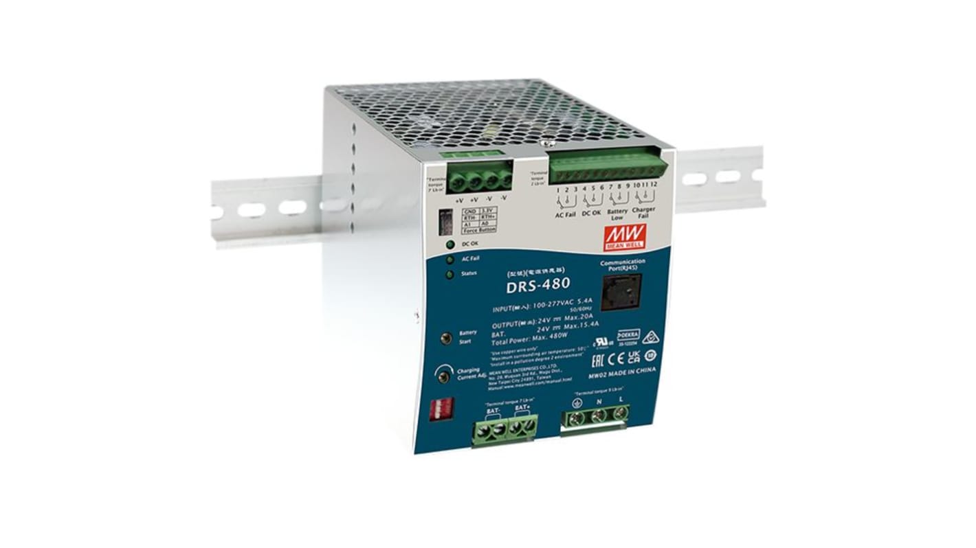 MEAN WELL DRS-480 DIN Rail Power Supply, 305V ac, dc Input, 48V ac Output, 10A Output, 480mW