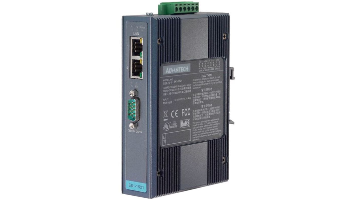 Advantech Serial Device Server, 2 Ethernet Port, 1 Serial Port, RS232, RS422, RS485 Interface, 921.6kbps Baud Rate