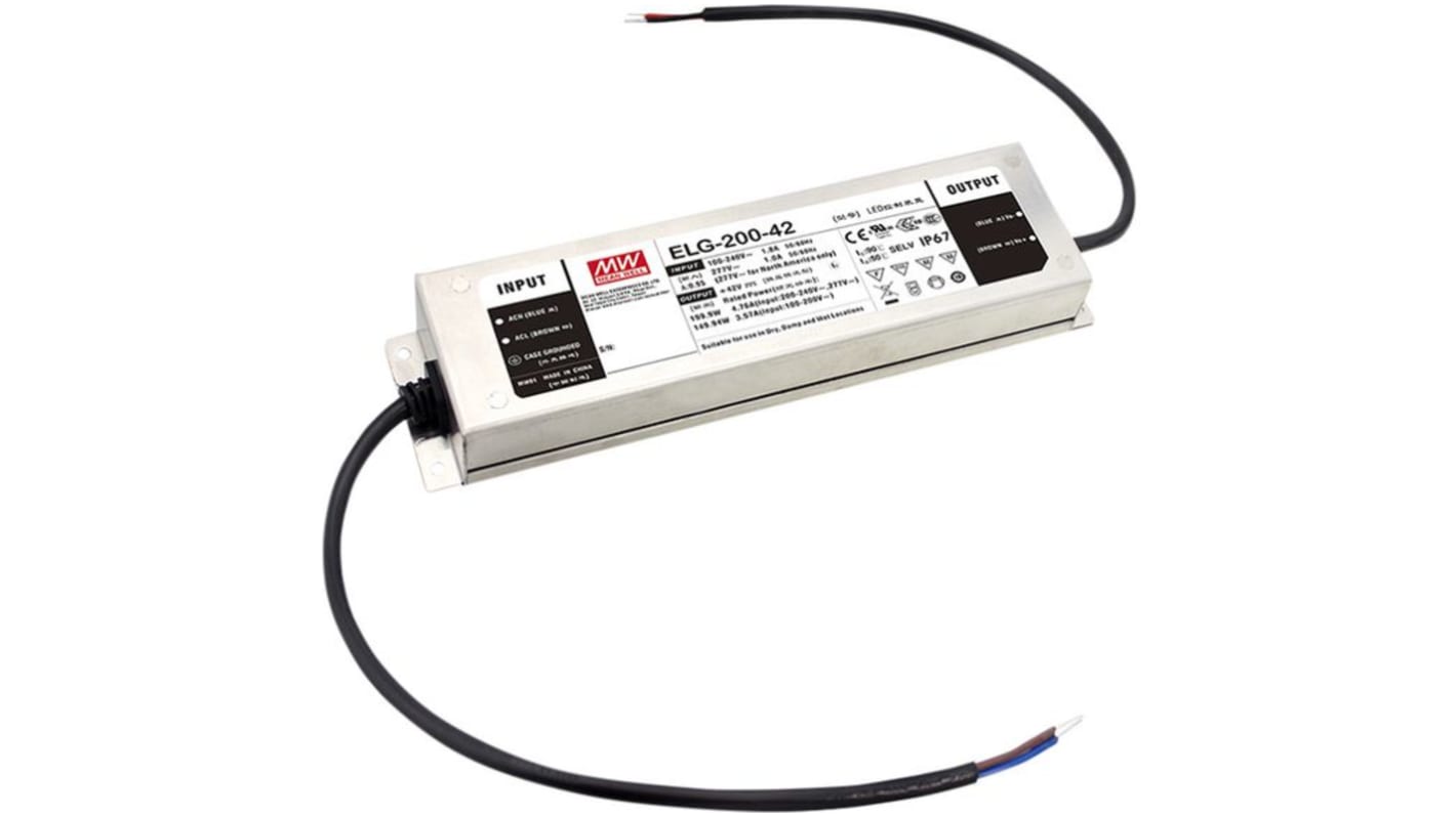 Driver LED corriente/tensión constante MEAN WELL, IN: 431 V cc, OUT: 24V, 8.4A, 200W, regulable