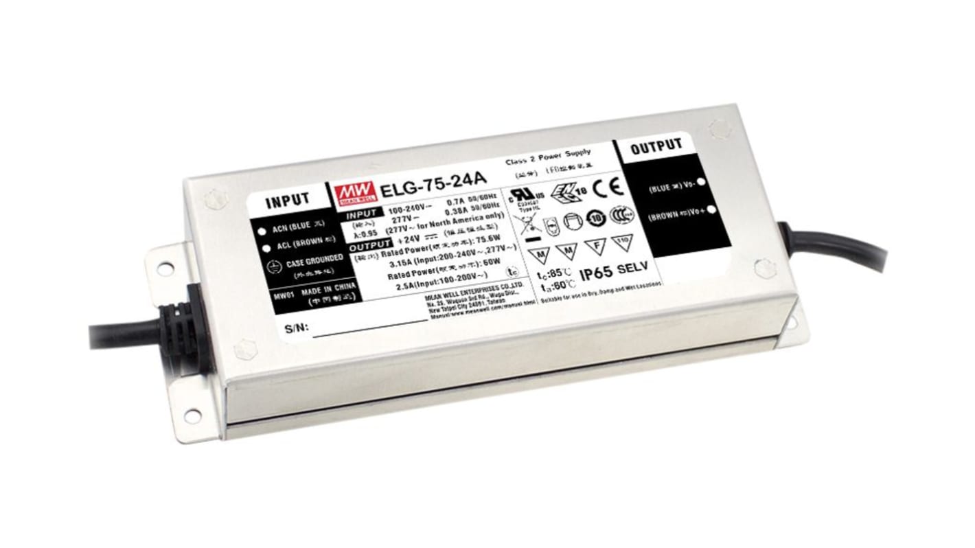 MEAN WELL Dimmable LED Driver, 24V Output, 76W Output, 3.15A Output, Constant Current / Constant Voltage Dimmable