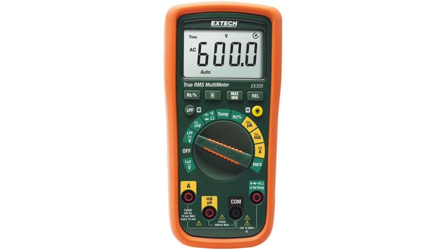 Extech EX355 Handheld LCD Multimeter, 10A ac Max, 10A dc Max, 600V ac Max