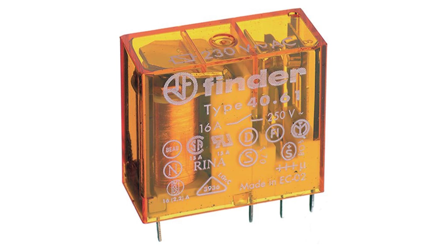 Finder PCB Mount Power Relay, 6V Coil, 16A Switching Current, SPDT