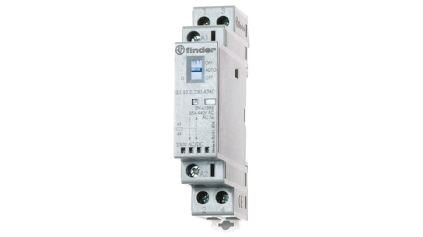 Finder 22 Contactor, 24 V Coil, 2-Pole, 25 A, 6.25 kVA, 2NO, 250 V