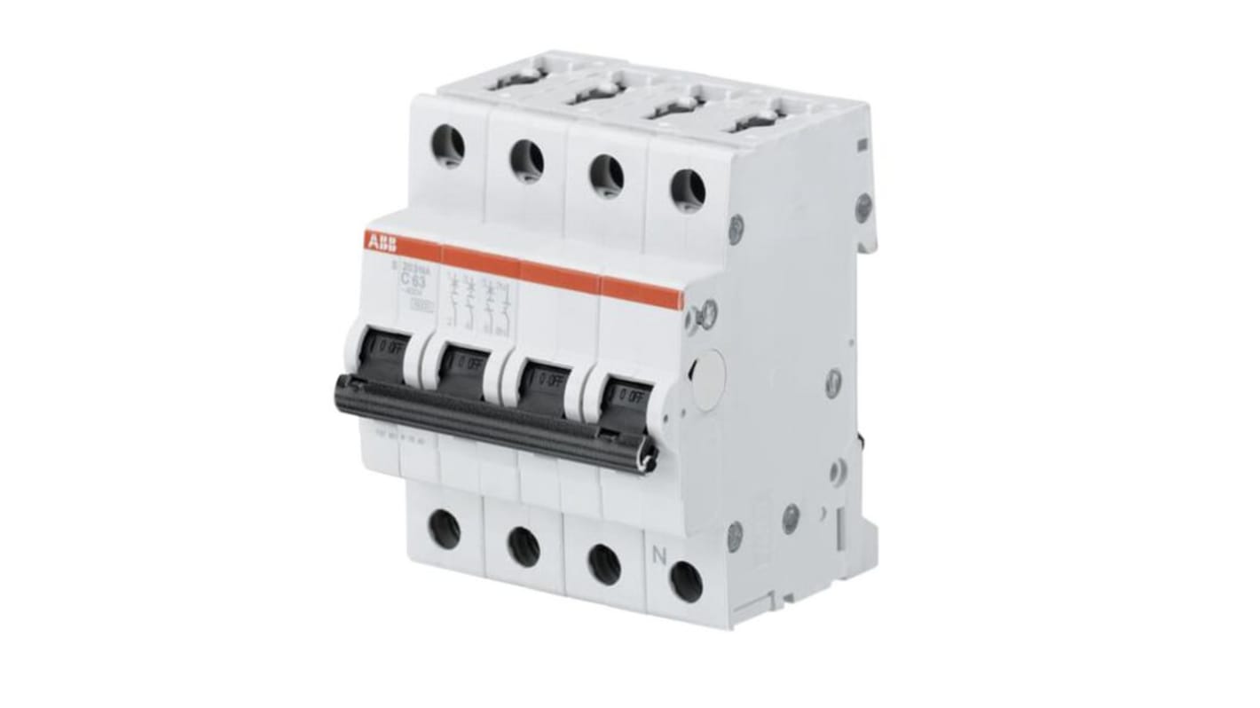 ABB S200 S203 MCB, 3+N, 63A Curve C, 440V AC, 12V DC, 20 kA Breaking Capacity