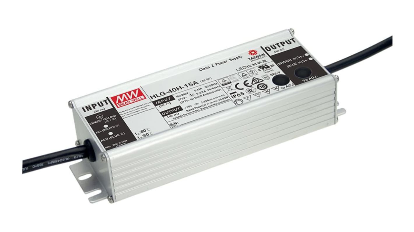 MEAN WELL Dimmable LED Driver, 30V Output, 40W Output, 1.3A Output, Constant Current / Constant Voltage Dimmable