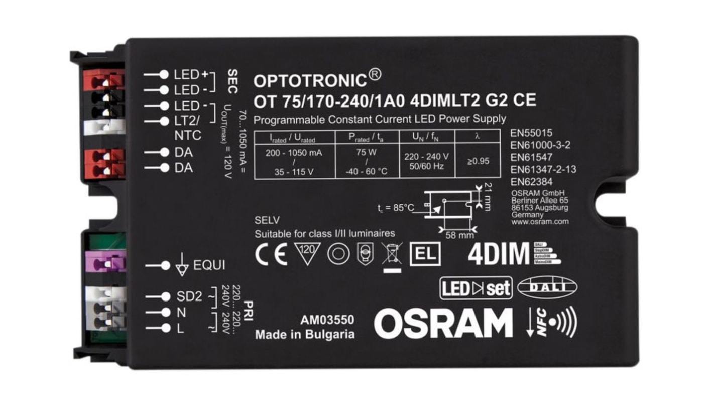 Driver LED corriente constante Osram, IN: 264 V ac, OUT: 115V, 700mA, 75W, regulable