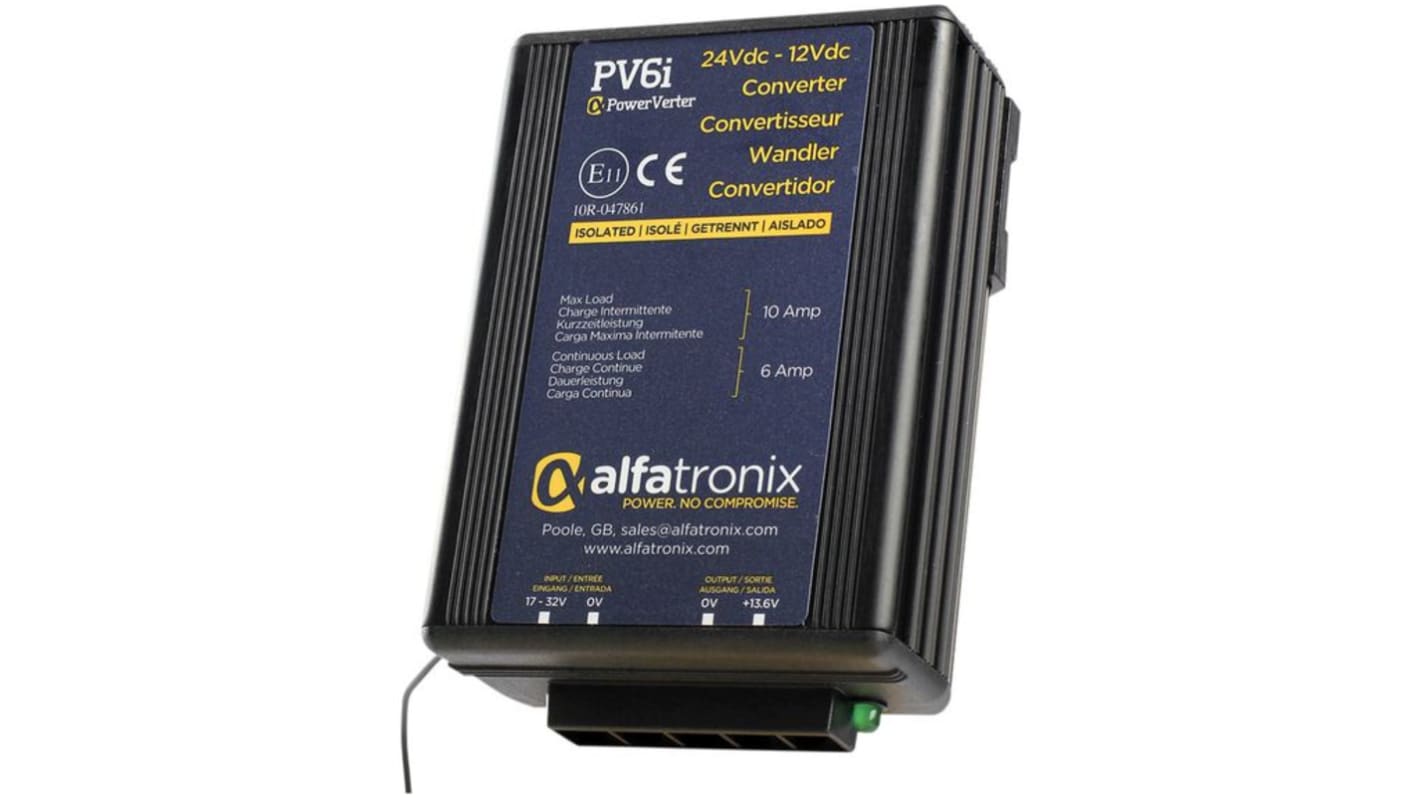 Alfatronix PV DC-DC Converter, 13.6V dc/ 6A Output, 17 → 32 VDC Input, 72W, Clip Mount, +30°C Max Temp -25°C Min