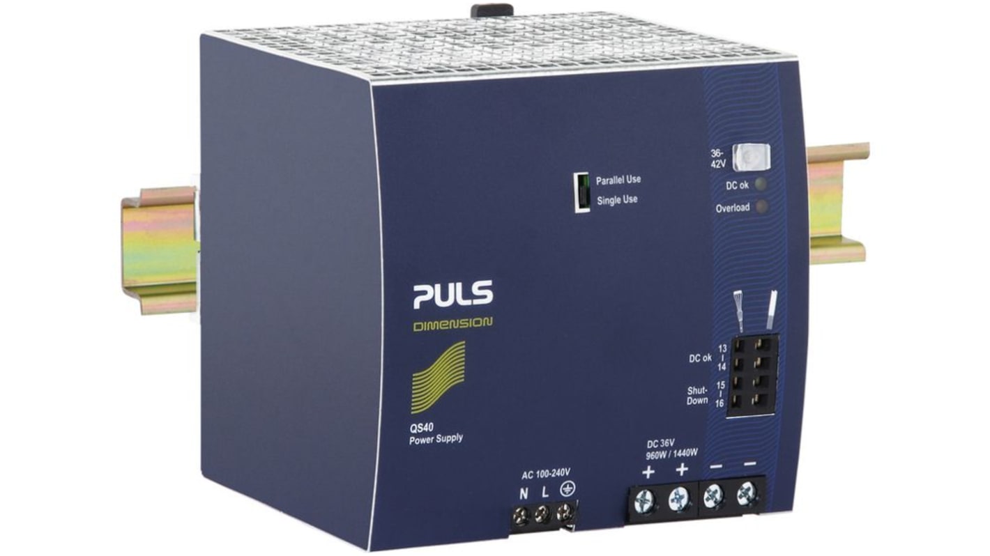 PULS Q DIN Rail Power Supply, 240V ac Input, 36V dc Output, 26.7A Output, 960W