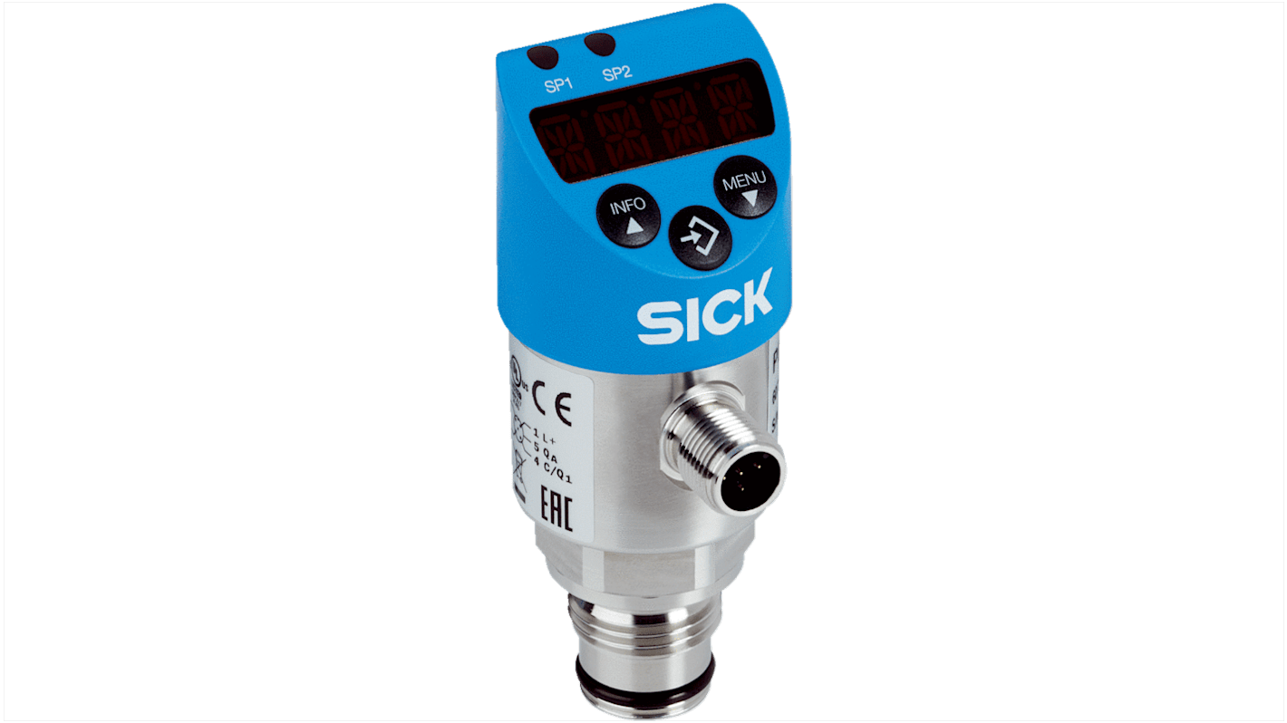 Presostato manométrica Sick, 0bar → 10bar, G 1/2 B, 15 → 35 V cc, salida PNP/NPN, para Gaseoso, Líquido, IP67