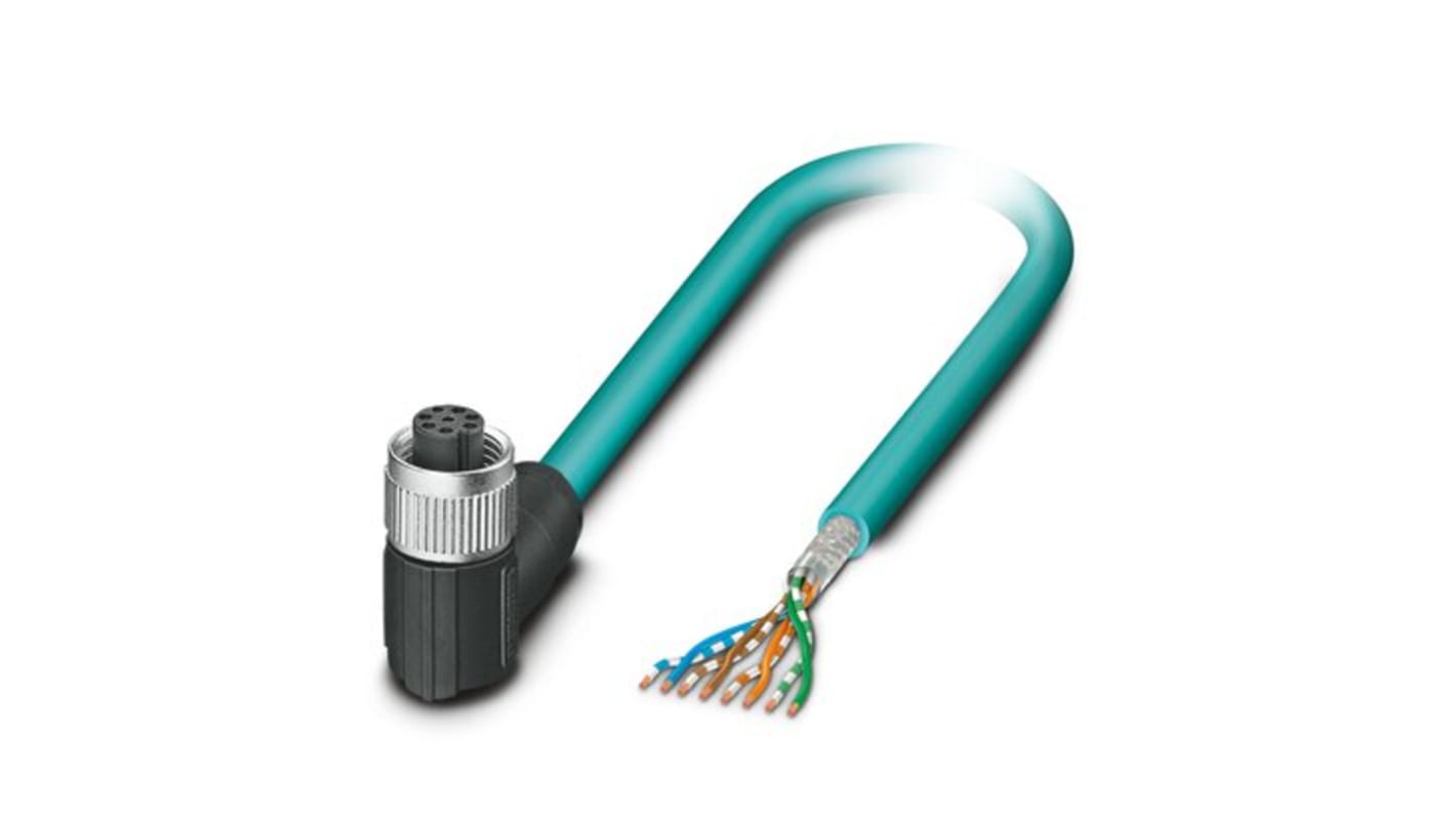 Phoenix Contact Cat5 Right Angle Male Pigtail to Straight Female M12 Ethernet Cable, Shielded, Blue Polyurethane