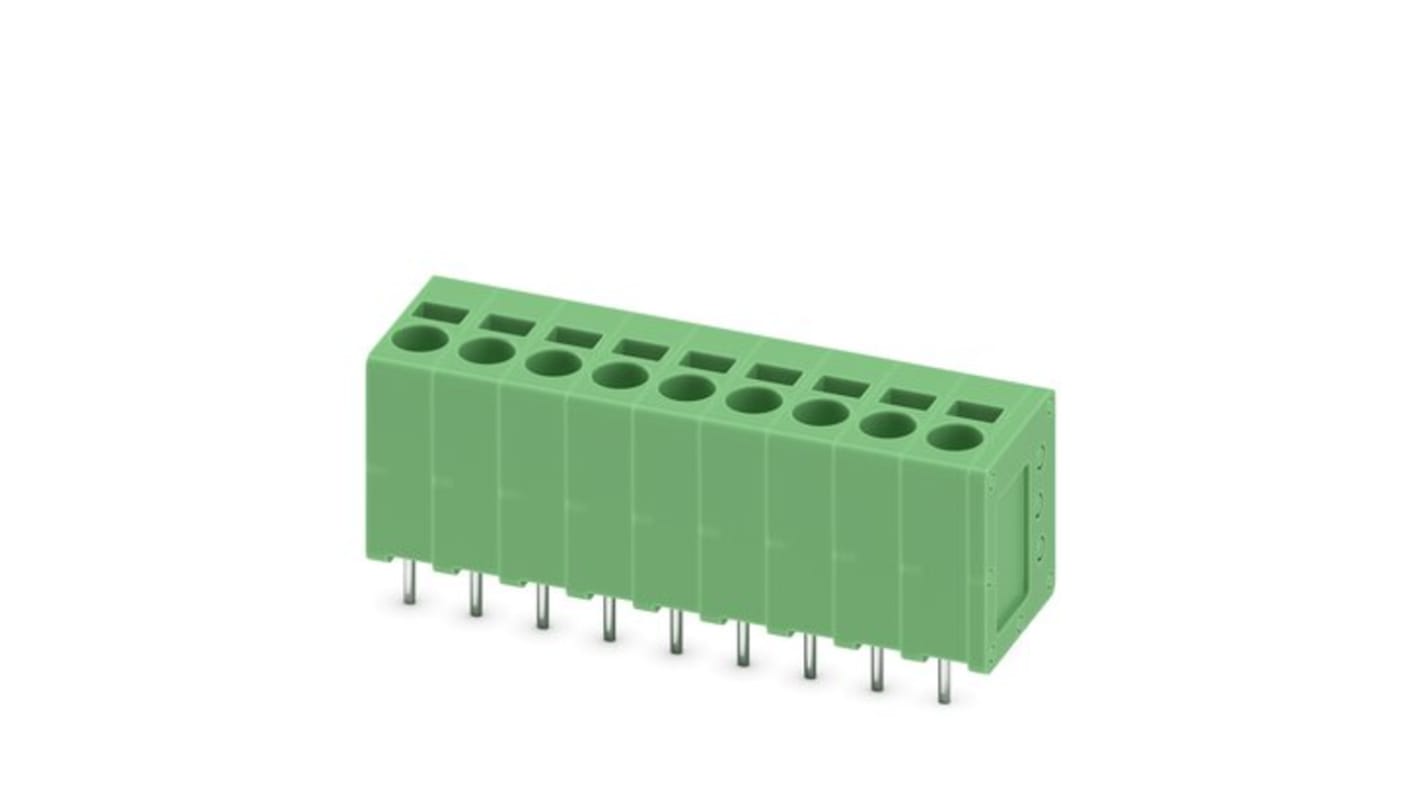 Phoenix Contact 0, 5/ 9-V-5, SPT 2 Series PCB Terminal Block, 9-Contact, 5mm Pitch, Solder Mount, 1-Row, Push In Spring