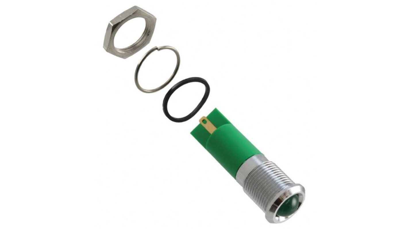 Q14 Series Green Panel Mount Indicator, 220V ac, 14mm Mounting Hole Size, Faston, Solder Lug Termination, IP67