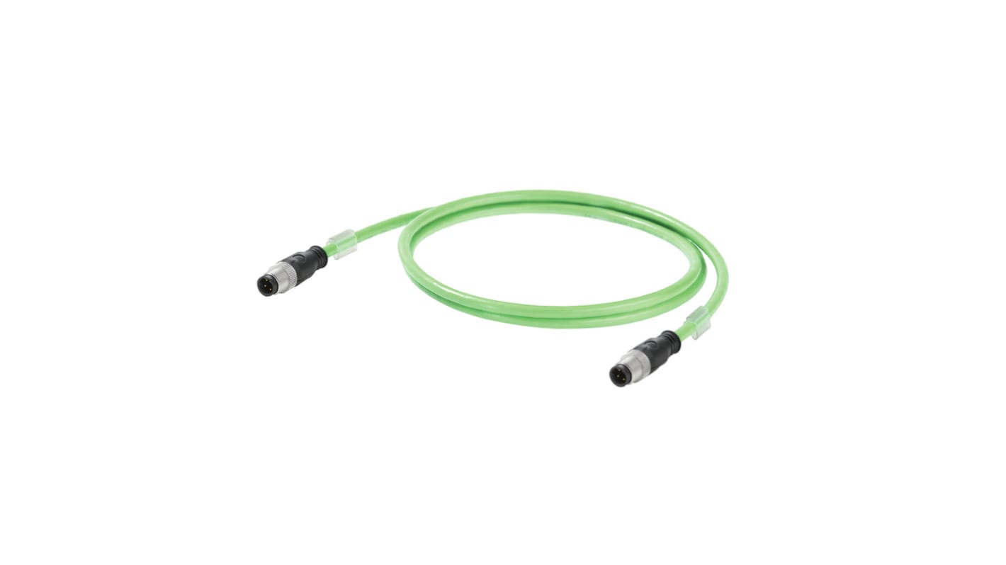 Weidmüller Cat5 Straight Male M12 to Straight Male M12 Ethernet Cable, Copper Braid, Green Polyurethane Sheath, 500mm