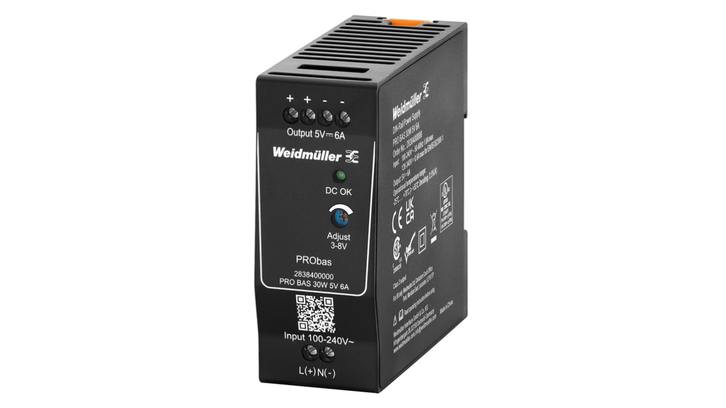 Weidmüller PRO BAS DIN Rail Power Supply, 264V ac ac, dc Input, 5V dc dc Output, 6A Output, 30W