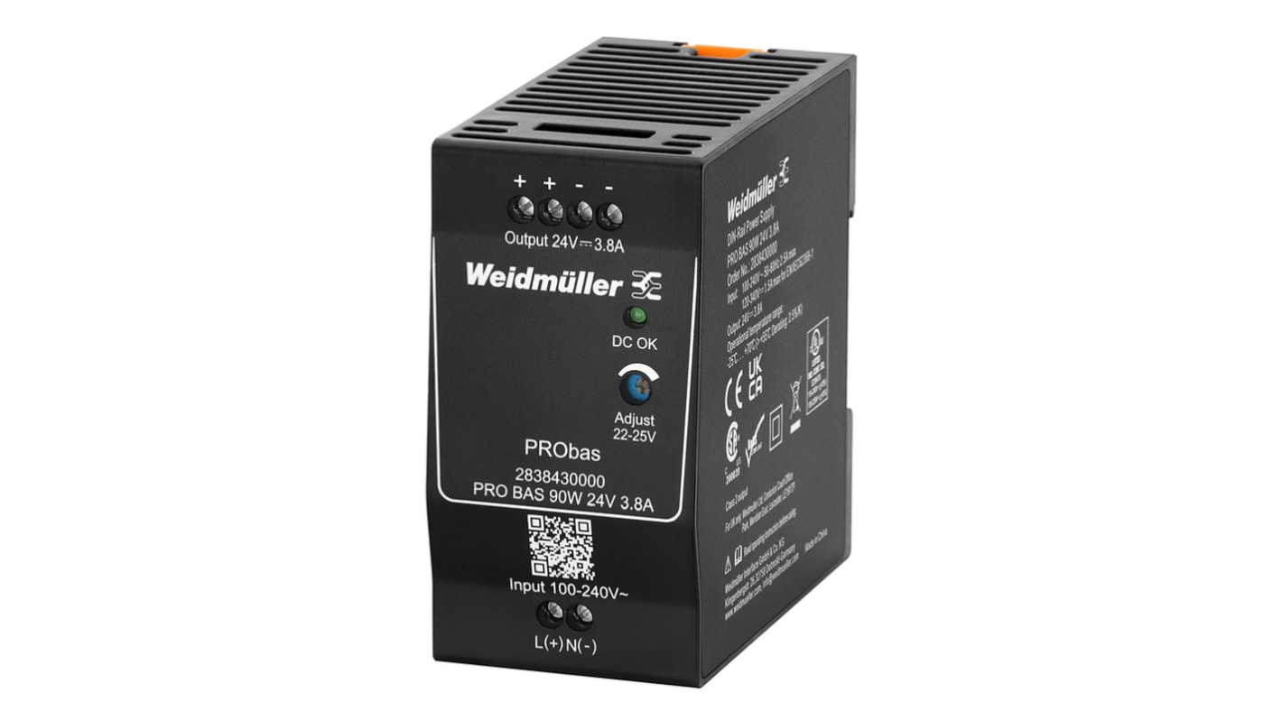 Weidmüller PRO BAS DIN Rail Power Supply, 264V ac ac, dc Input, 24V dc dc Output, 3.8A Output, 90W