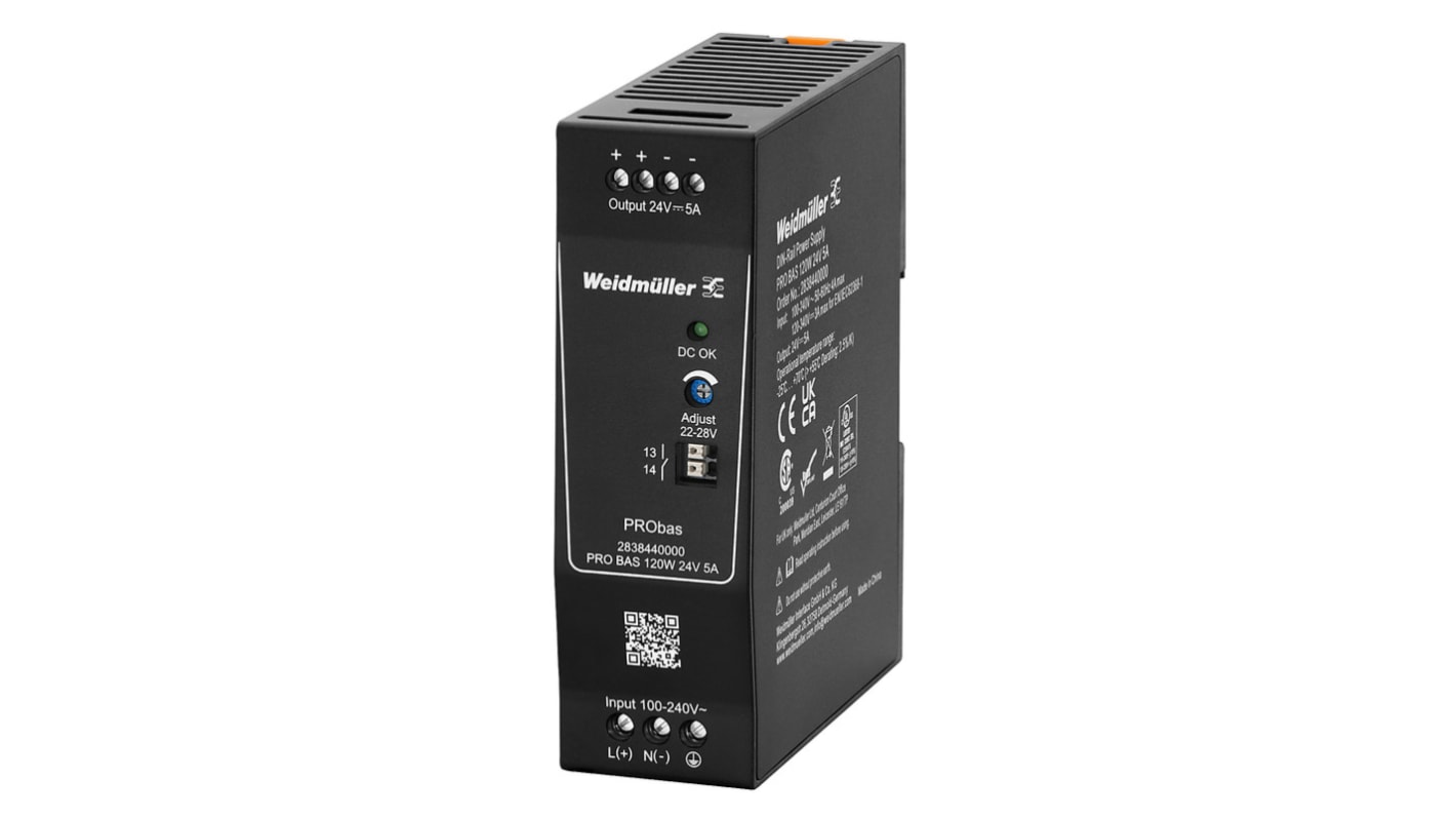 Weidmüller PRO BAS DIN Rail Power Supply, 264V ac ac, dc Input, 24V dc dc Output, 5A Output, 120W