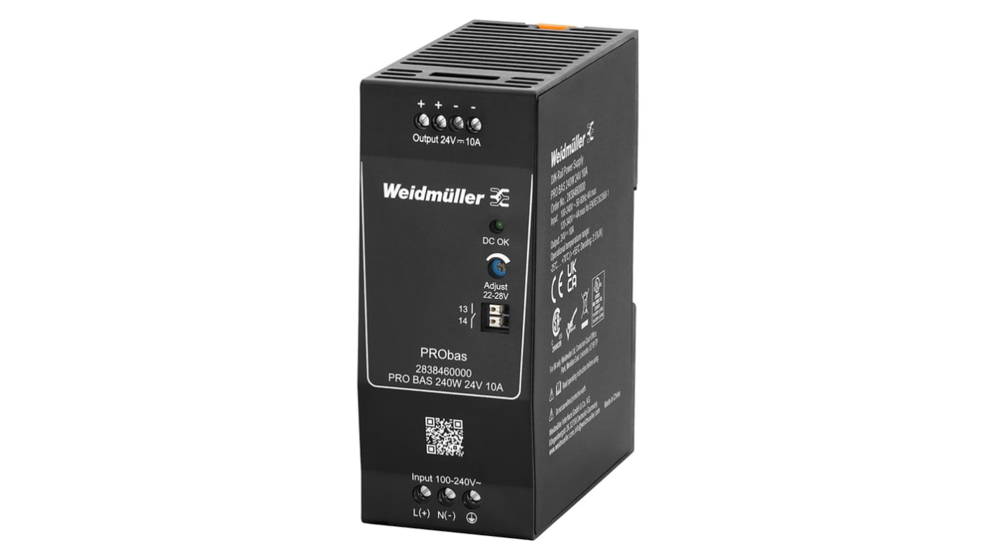 Weidmüller PRO BAS DIN Rail Power Supply, 264V ac ac, dc Input, 24V dc dc Output, 10A Output, 240W