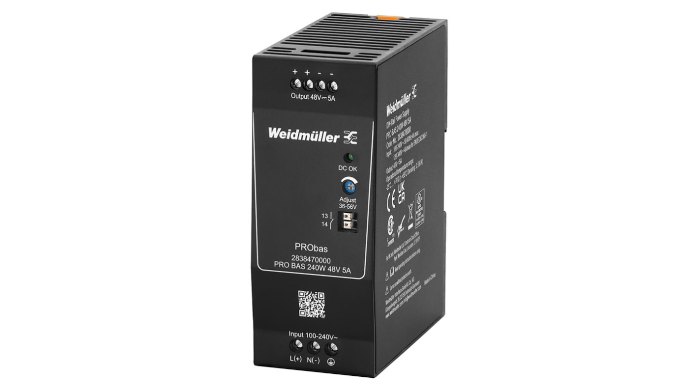 Weidmüller PRO BAS DIN Rail Power Supply, 264V ac ac, dc Input, 48V dc dc Output, 5A Output, 240W