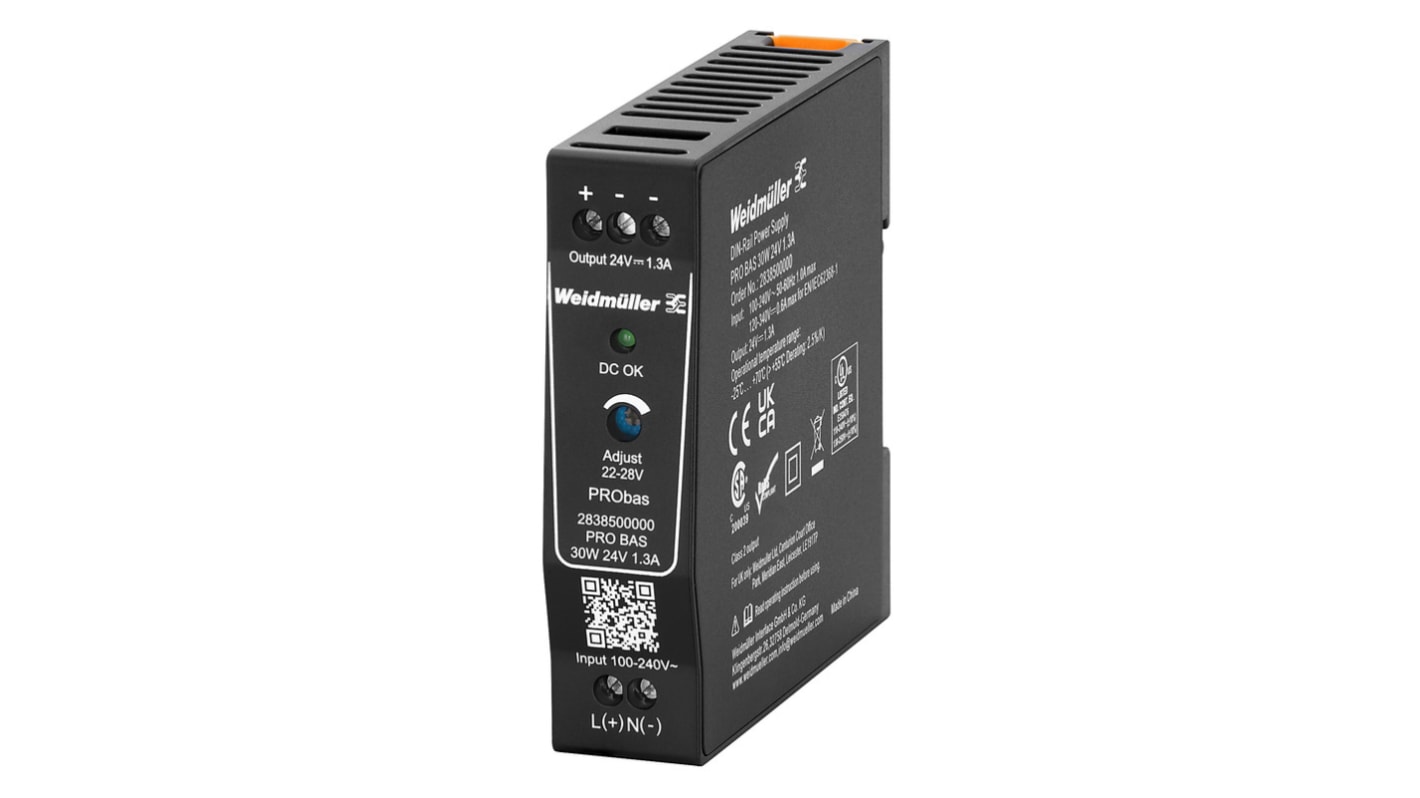 Weidmüller PRO BAS DIN Rail Power Supply, 264V ac ac, dc Input, 24V dc dc Output, 1.3A Output, 30W