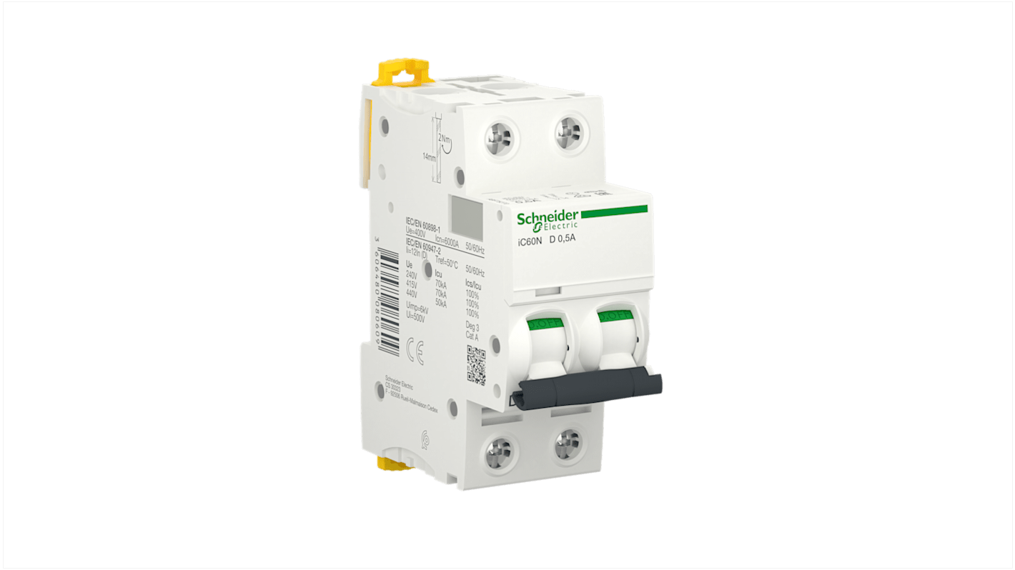 Schneider Electric Acti9 Acti9 iC60 MCB, 2P, 500mA Curve D, 400V AC, 125V DC, 6000 A Breaking Capacity