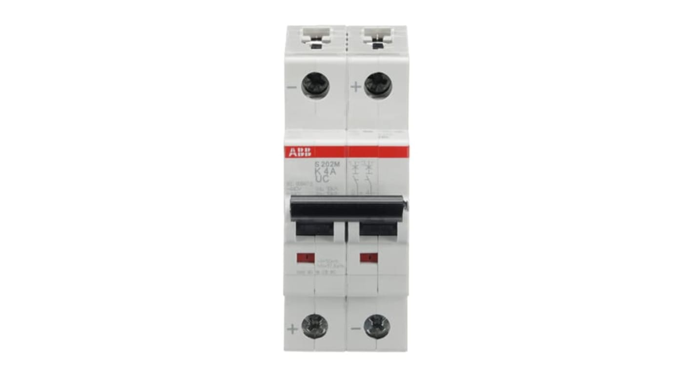 ABB S202M Circuit Breaker, 2P, 4A Curve K, 440V AC, 440V DC, 10 kA Breaking Capacity